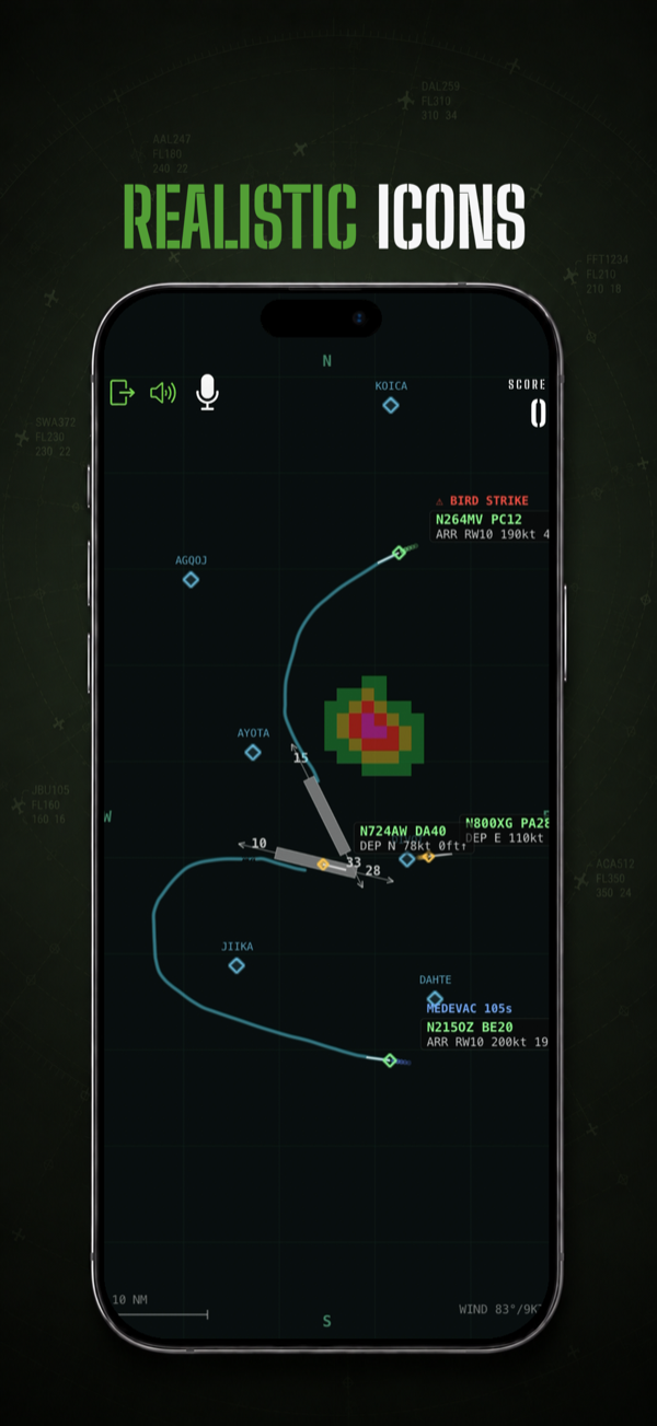 Radar screen with realistic aircraft icons