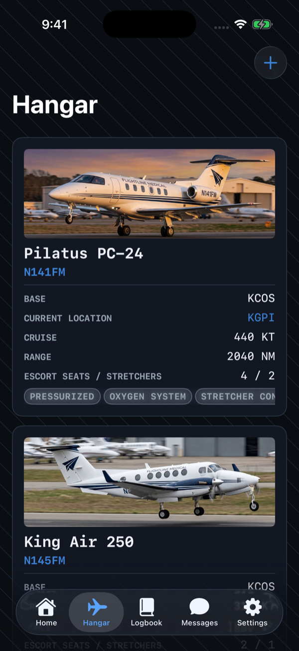Hangar screen showing the fleet