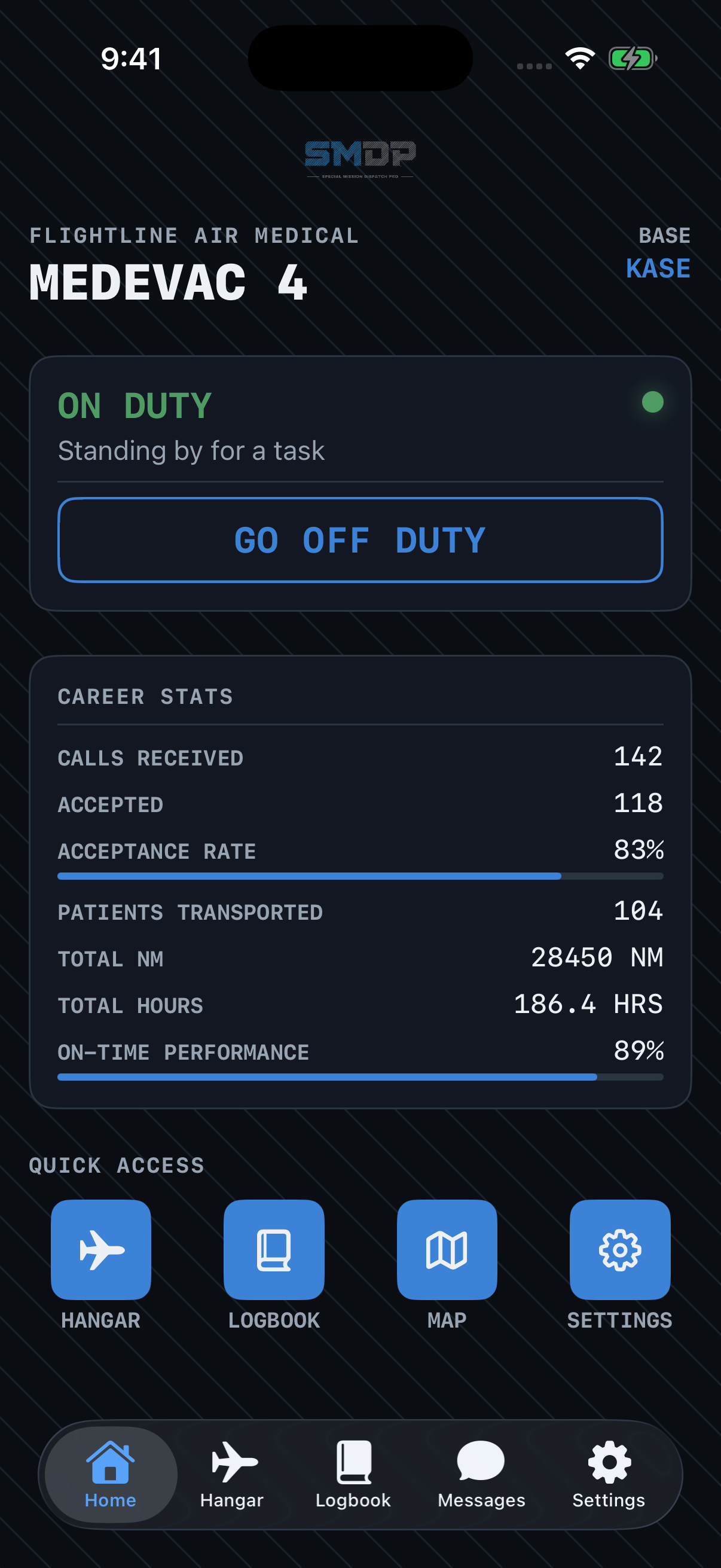 Home screen with career stats