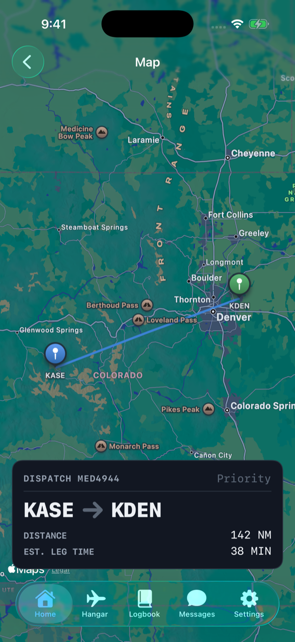 Map screen showing a flight route