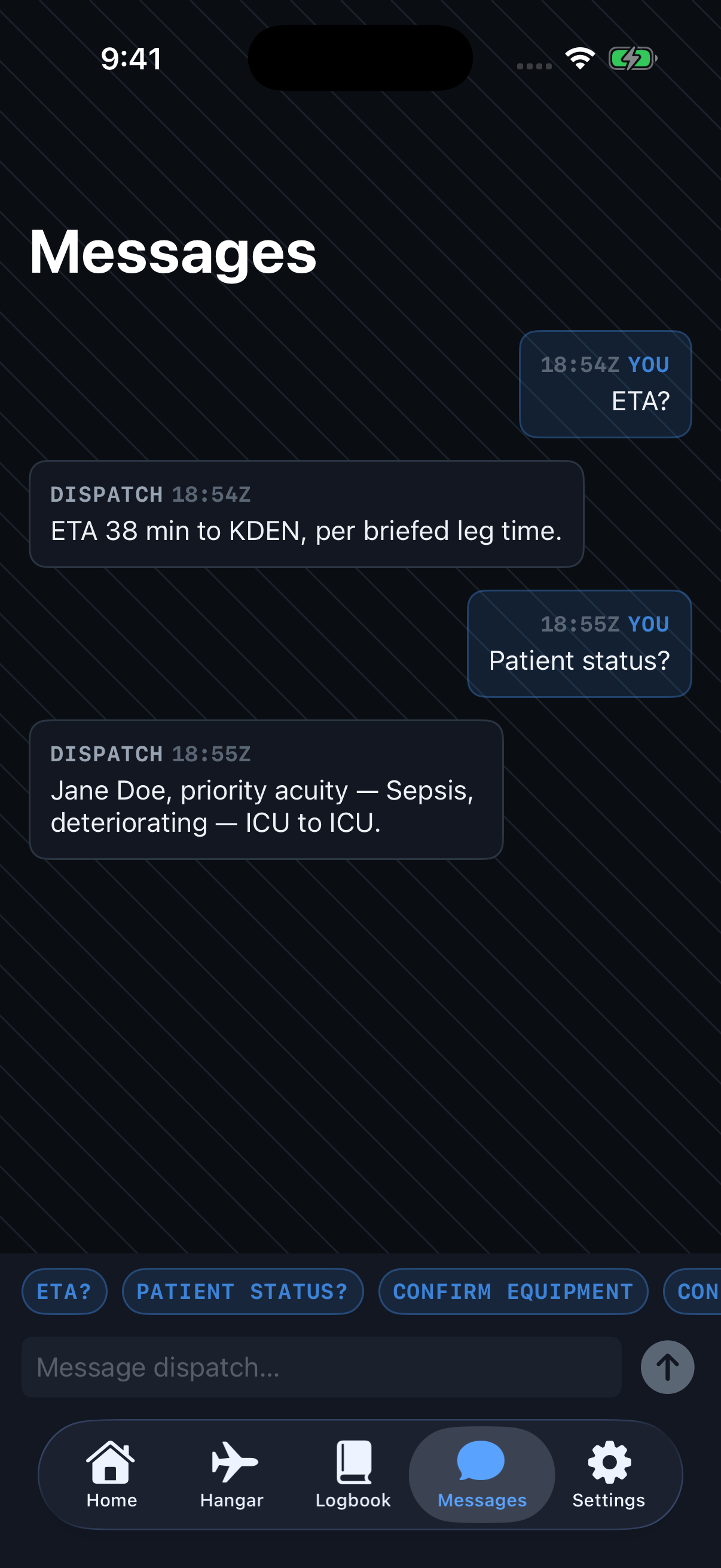 Dispatch messages screen